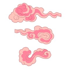 Three shapes of Clouds in old Chinese style Isolated on white background. Vector illustration. Buddhism, religion, believe, mystic, sky, pink smoke, cartoon.