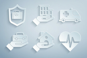 Set House insurance, Emergency car, Hand holding briefcase, Health, and Travel suitcase with shield icon. Vector