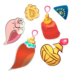 Set with elements in Chinese style. Isolated on white background. Vector illustration. Shell, curtain brush, vessel, container, bottle, vial, decorative ornamental objects. Clip art, cartoon, doodle.