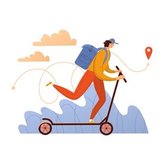 Courier on a scooter delivers order. Isolated on white background. Vector illustration. Flat, cartoon style. Character, receiving, carrying, clouds, service, deliveryman, purchase, navigation, map.