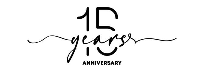 15 years anniversary emblem. Anniversary badge or label. 15th celebration and congratulation design element. One line style. Vector EPS 10. Isolated on background - obrazy, fototapety, plakaty
