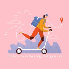 Courier on a scooter delivers order. Isolated on pink background. Vector illustration. Flat, cartoon style. Character, receiving, carrying, box, service, deliveryman, purchase, navigation, map.