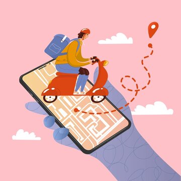 Courier on scooter is delivering order. Phone in hand and navigational map. Vector illustration. Tracking the delivery of goods. A man in a protective helmet and knee pads. Online shopping at home.