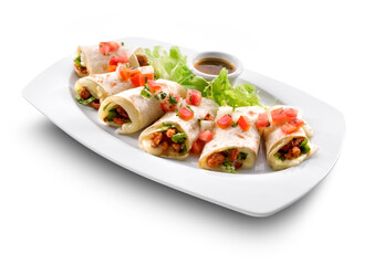Taco de la Pampa de carne y queso sobre fondo blanco. Taco de la Pampa meat and cheese on white background.