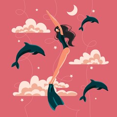 Woman freediver swimming around dolphins, stars, clouds. Isolated on pink background. Vector illustration. Flat style. Dream, sky, moon, underwater, deep, monofin, wetsuit, girl, mask, traveling.