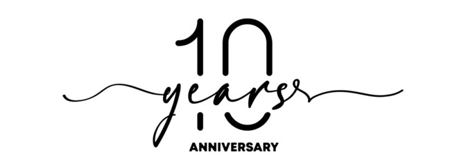 10 years anniversary emblem. Anniversary badge or label. 10th celebration and congratulation design element. One line style. Vector EPS 10. Isolated on background - obrazy, fototapety, plakaty