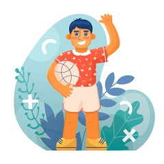 Boy with ball in flat style isolated on floristic background. Memphis style elements. Vector illustration. Childish, Cute small children, active young kids, smart elementary pupils, sport wear