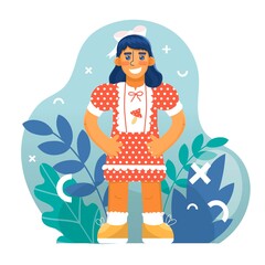 Girl in flat style isolated on floristic background. Memphis style elements. Vector illustration. Childish, Cute small children, active young kids, smart elementary pupils, School boy in a casual wear