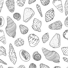 Seamless pattern with different shapes shallows. Hand drawn Vector illustration. Paper, textile, web design. Underwater, coral reef, mollusk, home, animals, sea, ocean, tropical, exotic, tourism.