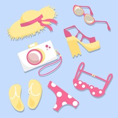 Set with summer objects isolated on gray background. Hat, glasses, shoes, camera, wet suit, flip flops. Vector illustration. Clip-art, poster, print, stickers design. Seasonal, beach, fashion, doodle.