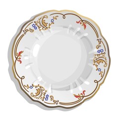 Empty plate, dish, cap with floral ornament. Isolated on white background. Home, restaurant, cafe design. Interior, circle, botanical, floristic, flowers, gloss, polish, food, kitchen, cooking.
