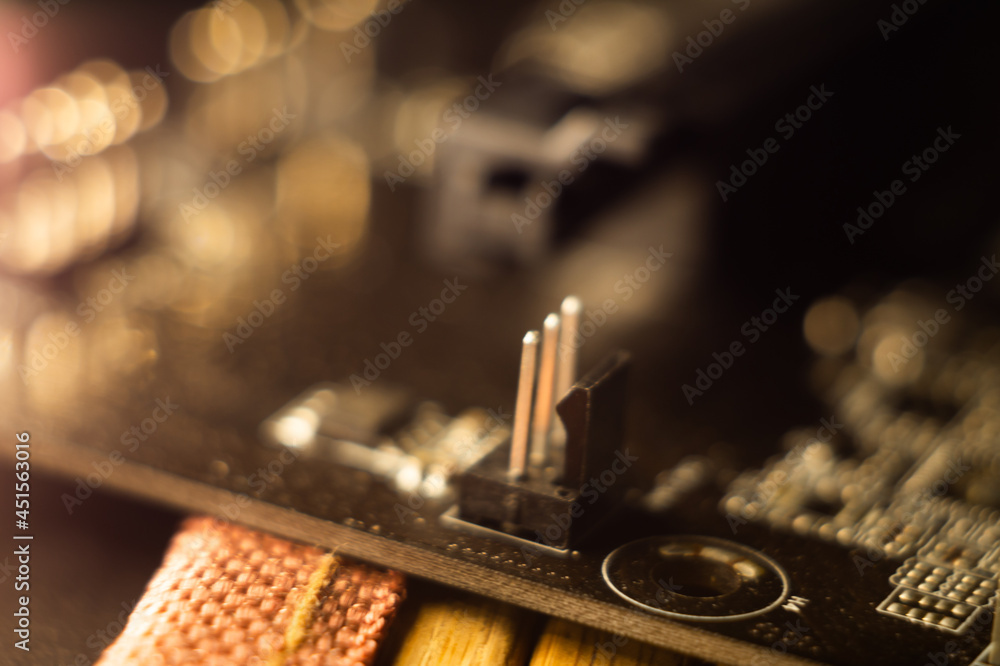 Poster macro shot of a microcircuit with bokeh lights