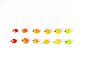 Evolution of pairs of tomatoes from raw green to mature red