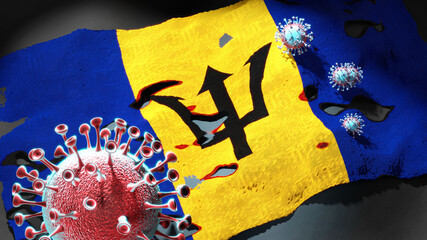 Covid in Barbados - coronavirus attacking a national flag of Barbados as a symbol of a fight and struggle with the virus pandemic in Barbados, 3d illustration