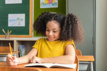 Portrait of Asian elementary school kids studying in a class. The girl Positive, Happy, smiles and look at the camera at the classroom. Back to school concept