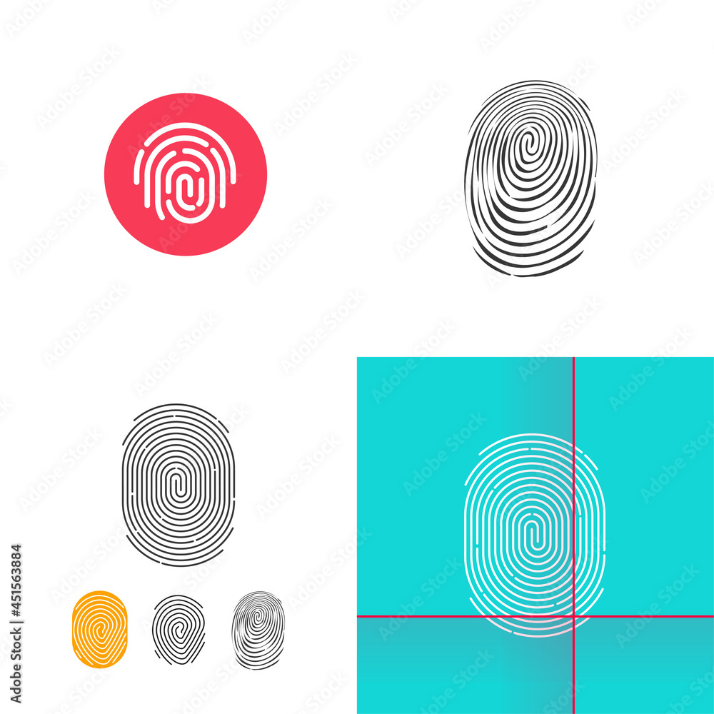 Poster finger print or fingerprint icon line outline button and doodle style set vector flat cartoon illust