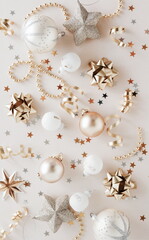 Christmas background . Xmas or New Year decorations in white gold colors frame on beige background top view with. Poster