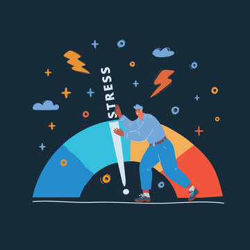 Vector illustration of Worried man change stresslevel over dark backround.