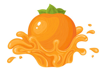 Fresh bright whole persimmon juice splash burst isolated on white background. Summer fruit juice. Cartoon style. Vector illustration for any design.