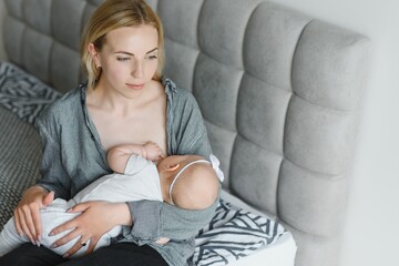 Fototapeta premium Breastfeeding Concept. Beautiful young woman lactating her toddler baby on couch at home, copy space