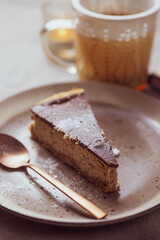 Cheesecake and hot tea. Relaxing time at home