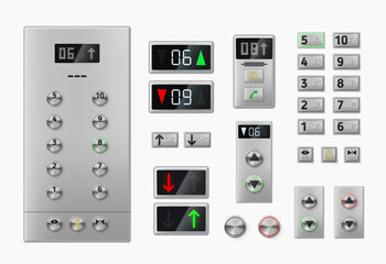 Collection realistic elevator buttons, control panel and display with numbers vector illustration - obrazy, fototapety, plakaty
