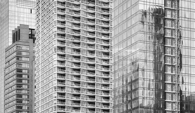 Black and white picture of New York City modern architecture, USA.