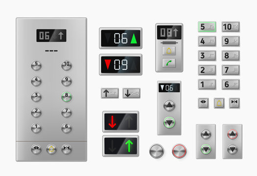 Collection realistic elevator buttons, control panel and display with numbers vector illustration