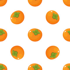 Seamless pattern with fresh whole persimmon fruit isolated on white background. Summer fruits for healthy lifestyle. Organic fruit. Cartoon style. Vector illustration for any design.
