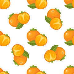 Seamless pattern with fresh bright persimmon fruit isolated on white background. Summer fruits for healthy lifestyle. Organic fruit. Cartoon style. Vector illustration for any design.