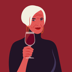 An elderly woman is holding a glass of a red wine. A portrait of the sommelier. Vector flat illustration