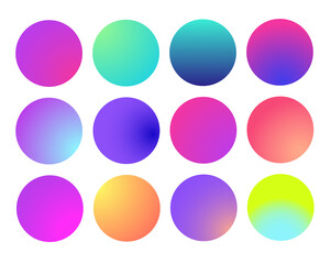 Rounded holographic gradient sphere. Multicolor green purple yellow orange pink cyan fluid circle gradients, colorful soft round buttons or vivid color spheres flat set.