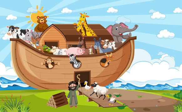 Noah's Ark with wild animals in nature scene
