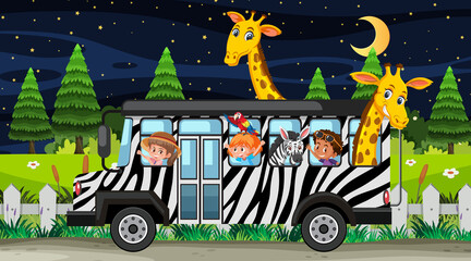 Safari at night scene with children and animals on the bus