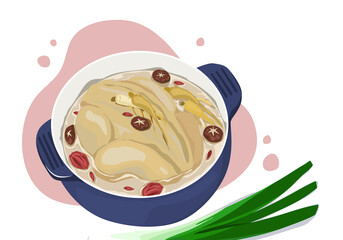 Samgyetang or ginseng chicken soup with jujube and ginkgo in a pot. Korean traditional soup vector illustration on white background. 