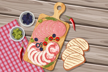 Cold cuts platter in cartoon style on the table