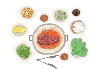 beef bulgogi bbq with side dishes on white background. beef on the grill and mushrooms, vegetables, kimchi and other Korean food. bulgogi bbq top view vector illustration.    