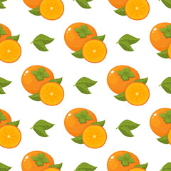 Seamless pattern with fresh bright persimmon fruit and leaves isolated on white background. Summer fruits for healthy lifestyle. Organic fruit. Cartoon style. Vector illustration for any design.
