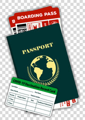 Passport, airline passenger ticket and Covid-19 Vaccination card. Vector illustration.