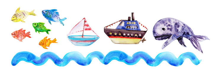 Hand drawn watercolor set of sea underwater animals. Kids drawing whale, fish, waves, sea and sand textures