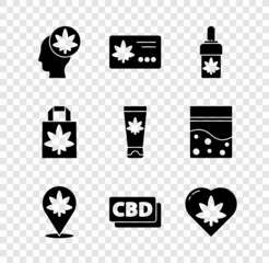 Set Head with marijuana or cannabis, Calendar and leaf, Marijuana olive oil, Location, Cannabis molecule, in heart, Shopping paper bag of and Medical cream icon. Vector