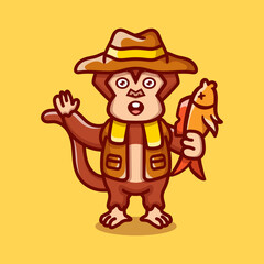 Obraz premium cute monkey illustration catching fish