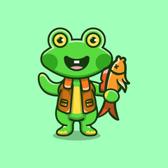 cute frog illustration catching fish