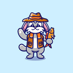 cute bunny illustration catching fish
