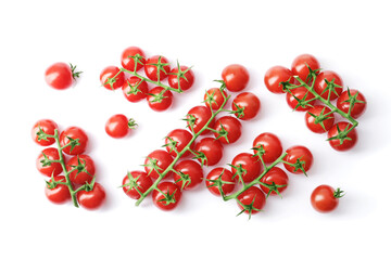 Composition of fresh ripe cherry tomato branches isolated on white background