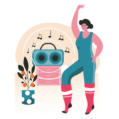 People do their favorite hobby scene concept. Woman dancing at home at room with record player. Dancer training in dance studio people activities. Vector illustration of characters in flat design
