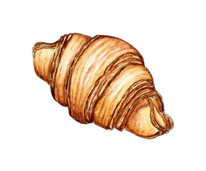 Watercolor illustration of a croissant. Delicious bread for breakfast. Pastry snacks close-up. Delicious dessert product of French pastry. Traditional breakfast. Isolated on white background. Drawn 