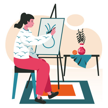 People do their favorite hobby scene concept. Woman painting still life on canvas. Artist drawing on easel in art studio, creativity people activities. Vector illustration of characters in flat design