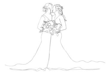 Two women in wedding dresses are getting married, holding a bouquet of flowers. One line art.