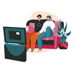 People spend weekend at home scene concept. Couple sitting on couch watching TV. Resting and leisure in comfy domestic interior, people activities. Vector illustration of characters in flat design
